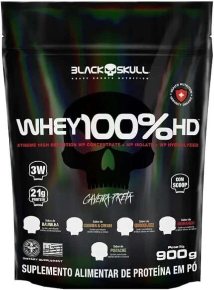 Refil Whey 100% Hd Morango 900G, Black Skull